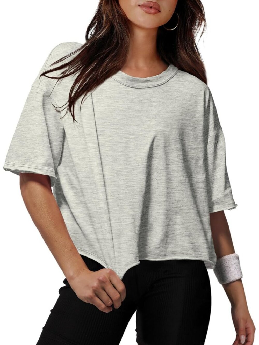 Women's Heather Grey Crew Neck Casual Crop Tops Short Sleeve Basic Tees Shirts